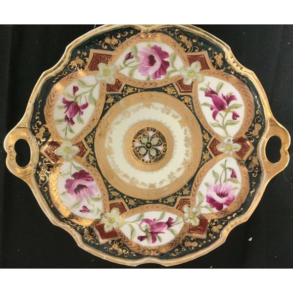 9½" Royal Kinran Nippon Platter with Handles with Pink and Magenta Flowers